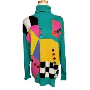 Vintage 90s geometric jeweled patchwork turtleneck sweater size medium M